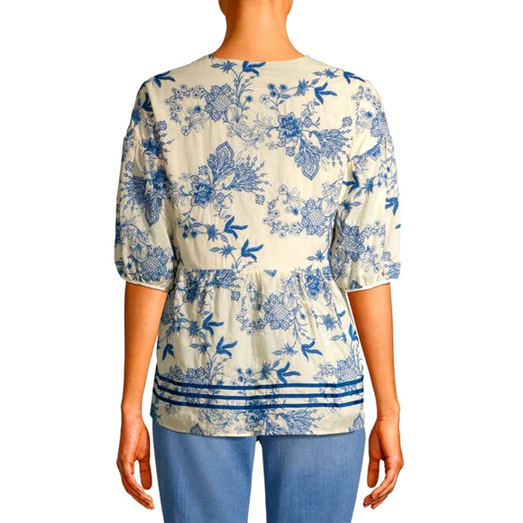 Anna Sui embroidered Floral Blue and Cream v neck puff sleeve blouse XL - Picture 2 of 12